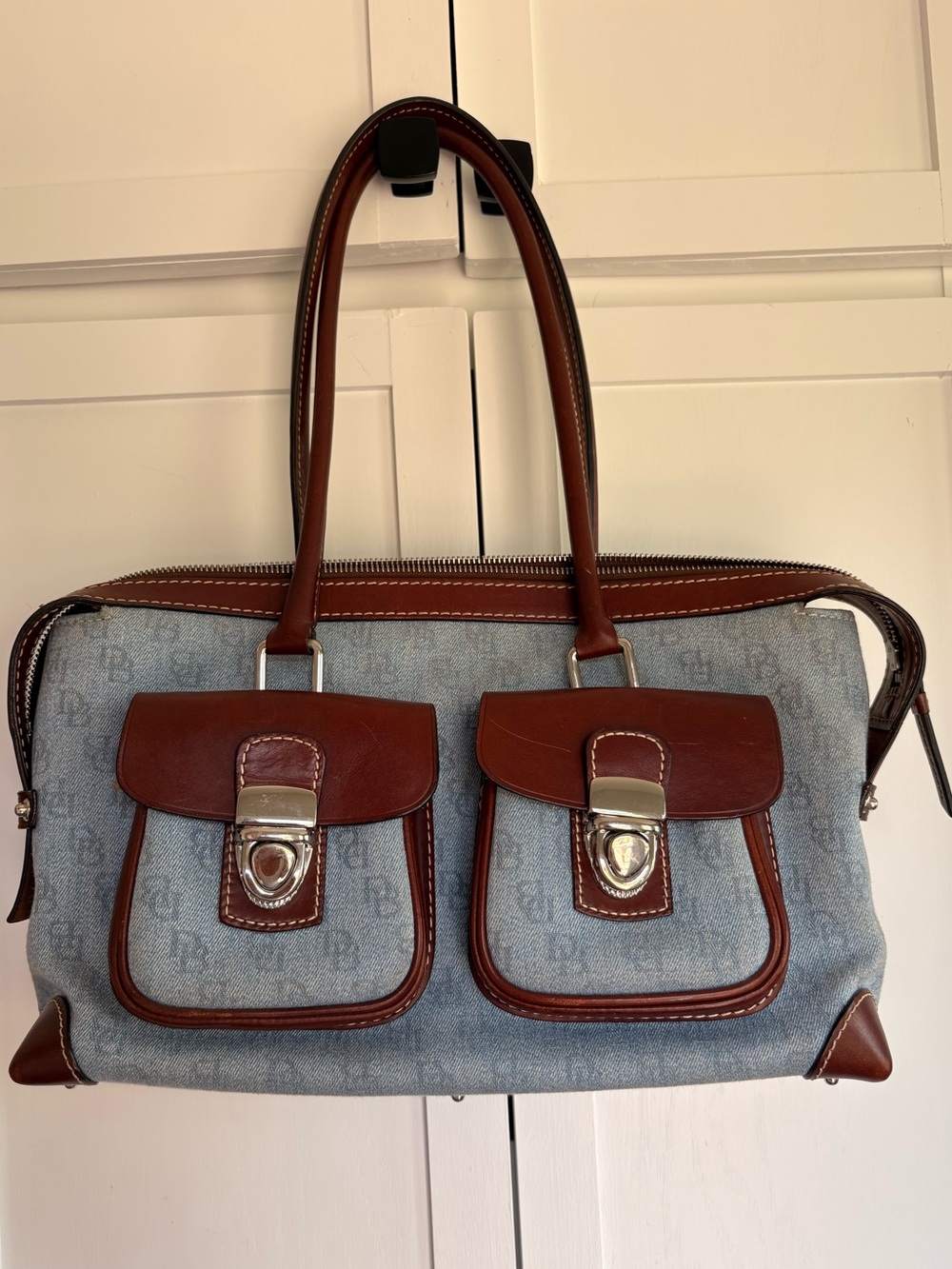 Dooney Bourke Vintage Blue Denim DB Logo Double Pocket Satchel Saddle Bag